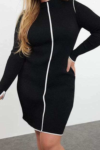 Women Fashion Stylish Plus Size Mini Length Stand Collar Slim Ribbed Knitwear Plus Size Dress