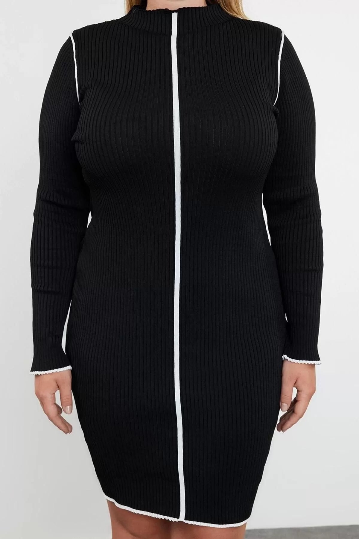 Women Fashion Stylish Plus Size Mini Length Stand Collar Slim Ribbed Knitwear Plus Size Dress