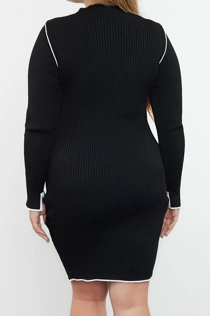 Women Fashion Stylish Plus Size Mini Length Stand Collar Slim Ribbed Knitwear Plus Size Dress