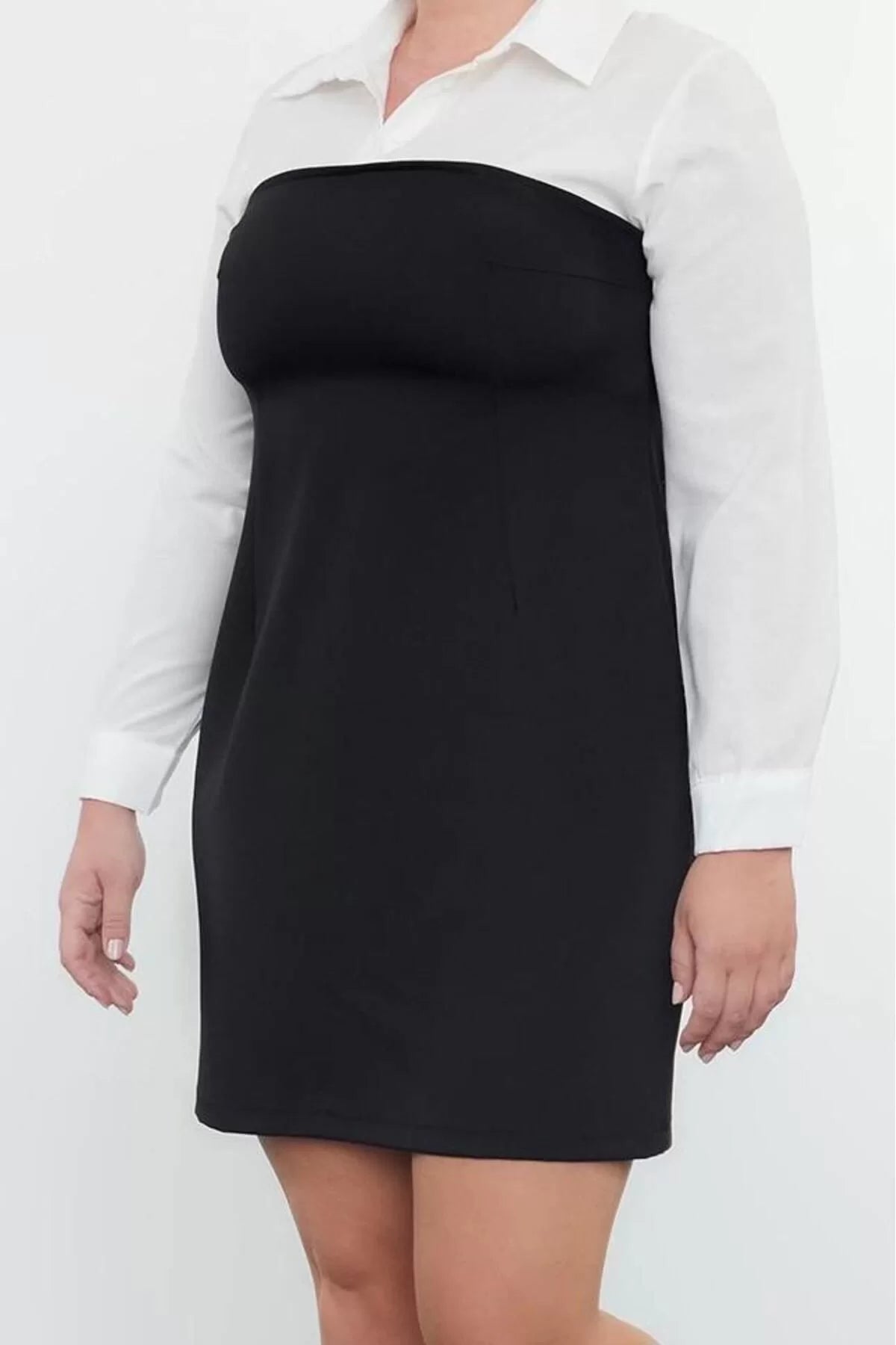 Women's Plus Size Mini Length Fitted Black Bodycone Strapless Woven Plus Size Striped Shirt Dress