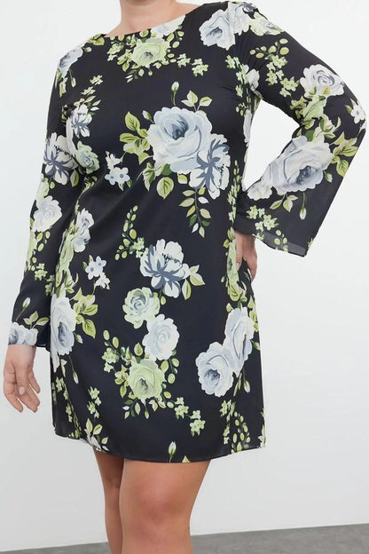 Women Fashion Stylish Plus Size Mini Length Boat Neck Fitted Floral Patterned Satin Dress