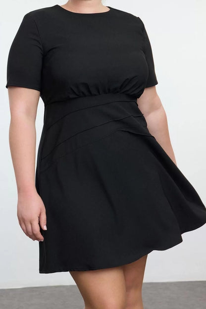 Women's Plus Size Mini Length Relaxed Short Sleeve Thin Padded Draped Zippered A-Form Woven Dress