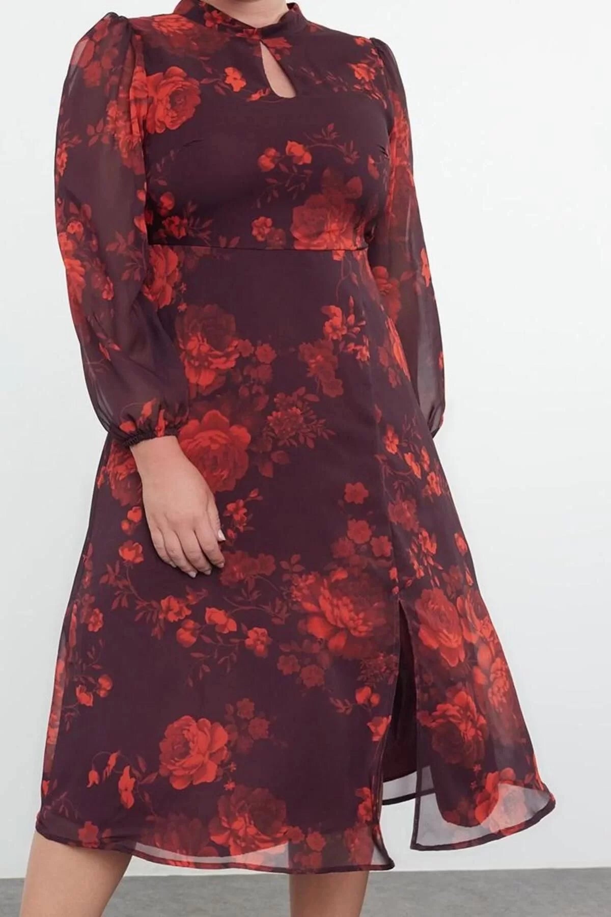 Women's Fashion Plus Size Midi Length Stand Collar Relaxed Floral Patterned Chiffon Lined Slit Woven Dress