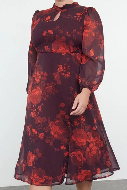 Women's Fashion Plus Size Midi Length Stand Collar Relaxed Floral Patterned Chiffon Lined Slit Woven Dress