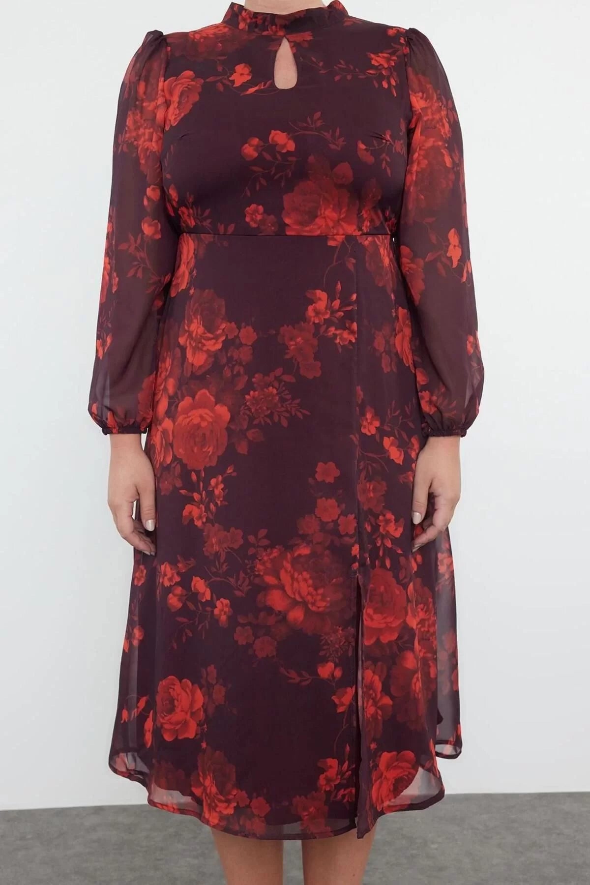 Women's Fashion Plus Size Midi Length Stand Collar Relaxed Floral Patterned Chiffon Lined Slit Woven Dress