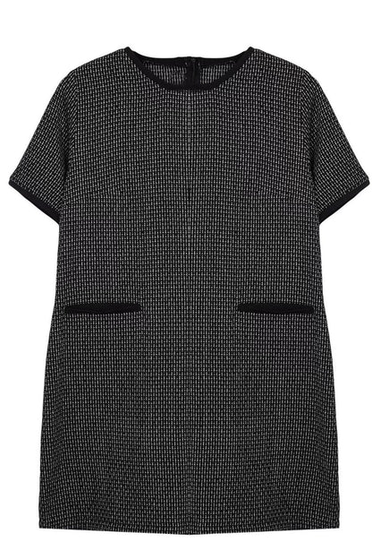 Women Fashion Stylish Plus Size Midi Length Crew Neck Relaxed Tweed Plaid Zippered Chic Woven Dress