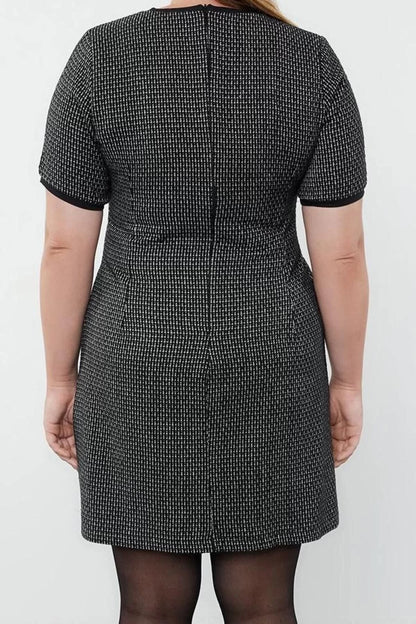 Women Fashion Stylish Plus Size Midi Length Crew Neck Relaxed Tweed Plaid Zippered Chic Woven Dress