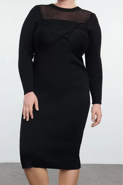 Women's Plus Size Midi Length Crew Neck Fitted Collar Detailed Corduroy Premium Special Yarn Knitwear Dress