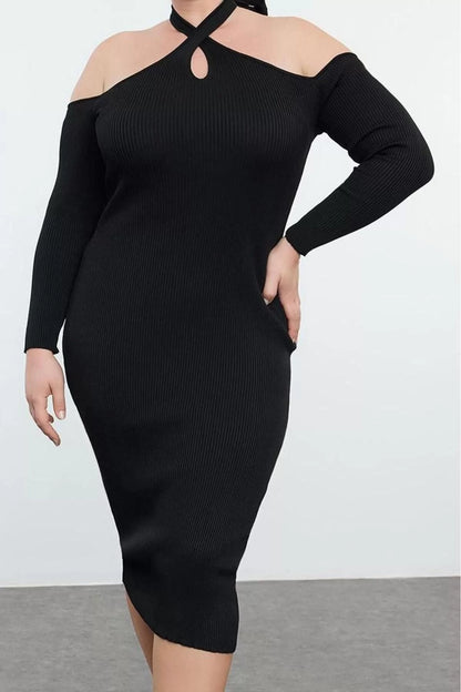 Women Fashion Stylish Plus Size Midi Length Carmen Collar Fitted Halter Neck Corduroy Knit Dress