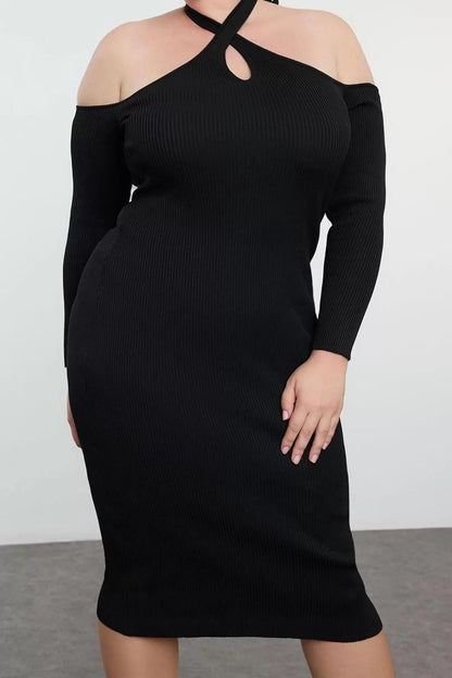 Women Fashion Stylish Plus Size Midi Length Carmen Collar Fitted Halter Neck Corduroy Knit Dress