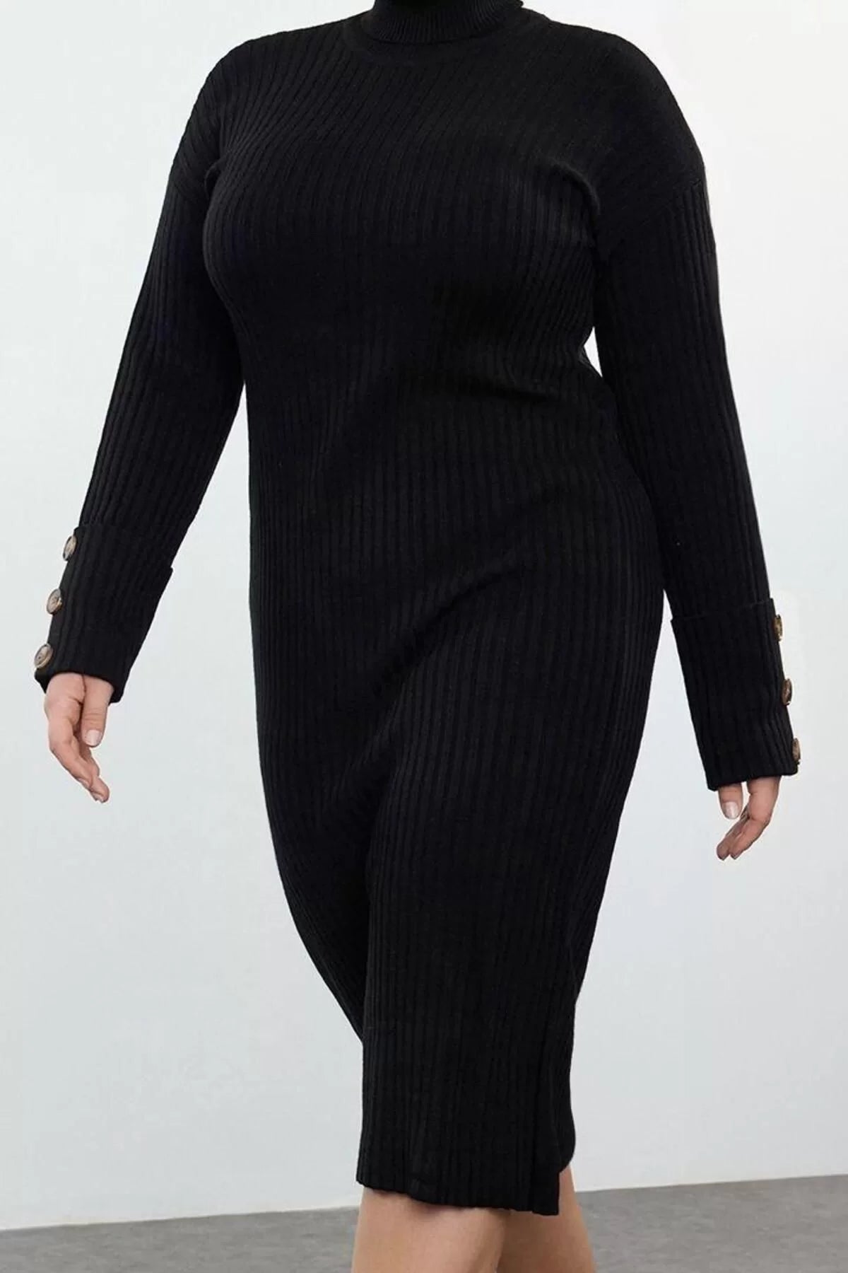 Women Fashion Stylish Plus Size Midi Length Turtleneck Relaxed Ribbed Knitted Dress