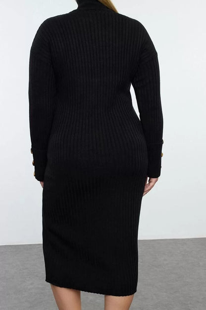 Women Fashion Stylish Plus Size Midi Length Turtleneck Relaxed Ribbed Knitted Dress