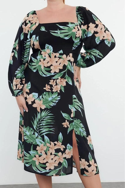 Women Fashion Stylish Plus Size Midi Length Square Neck Fitted Floral Woven Plus Size Dress