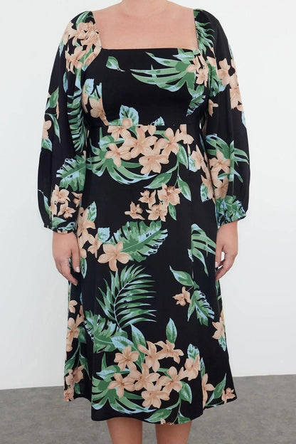 Women Fashion Stylish Plus Size Midi Length Square Neck Fitted Floral Woven Plus Size Dress