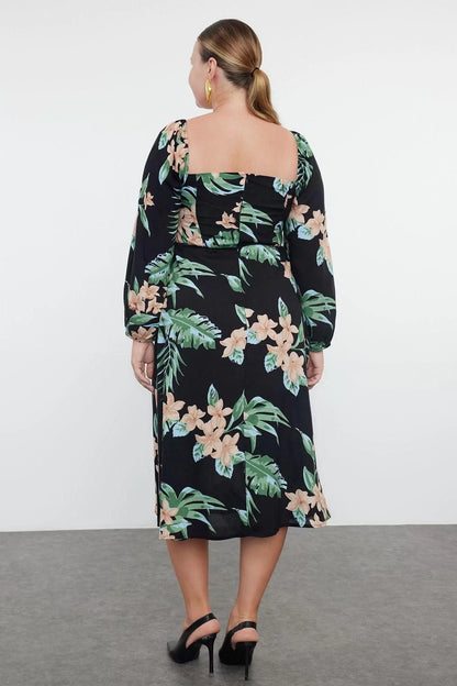 Women Fashion Stylish Plus Size Midi Length Square Neck Fitted Floral Woven Plus Size Dress