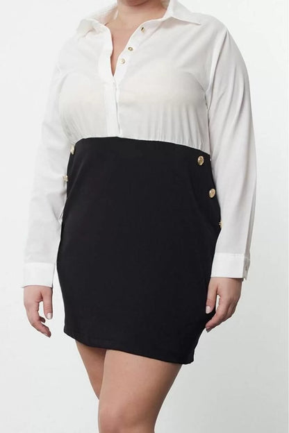 Women Fashion Stylish Plus Size Mini Length Shirt Collar Fitted Buttoned Woven Plus Size Shirt Dress