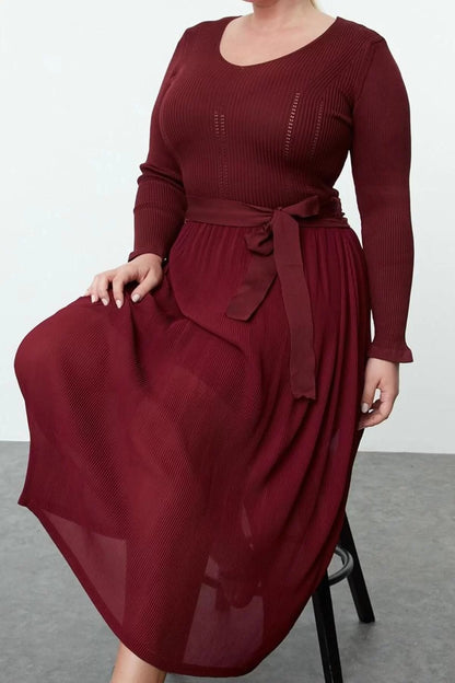 Women Fashion Stylish Plus Size Midi Length V Neck Fitted Skirt Pleated Woven Mix Knitwear Dress