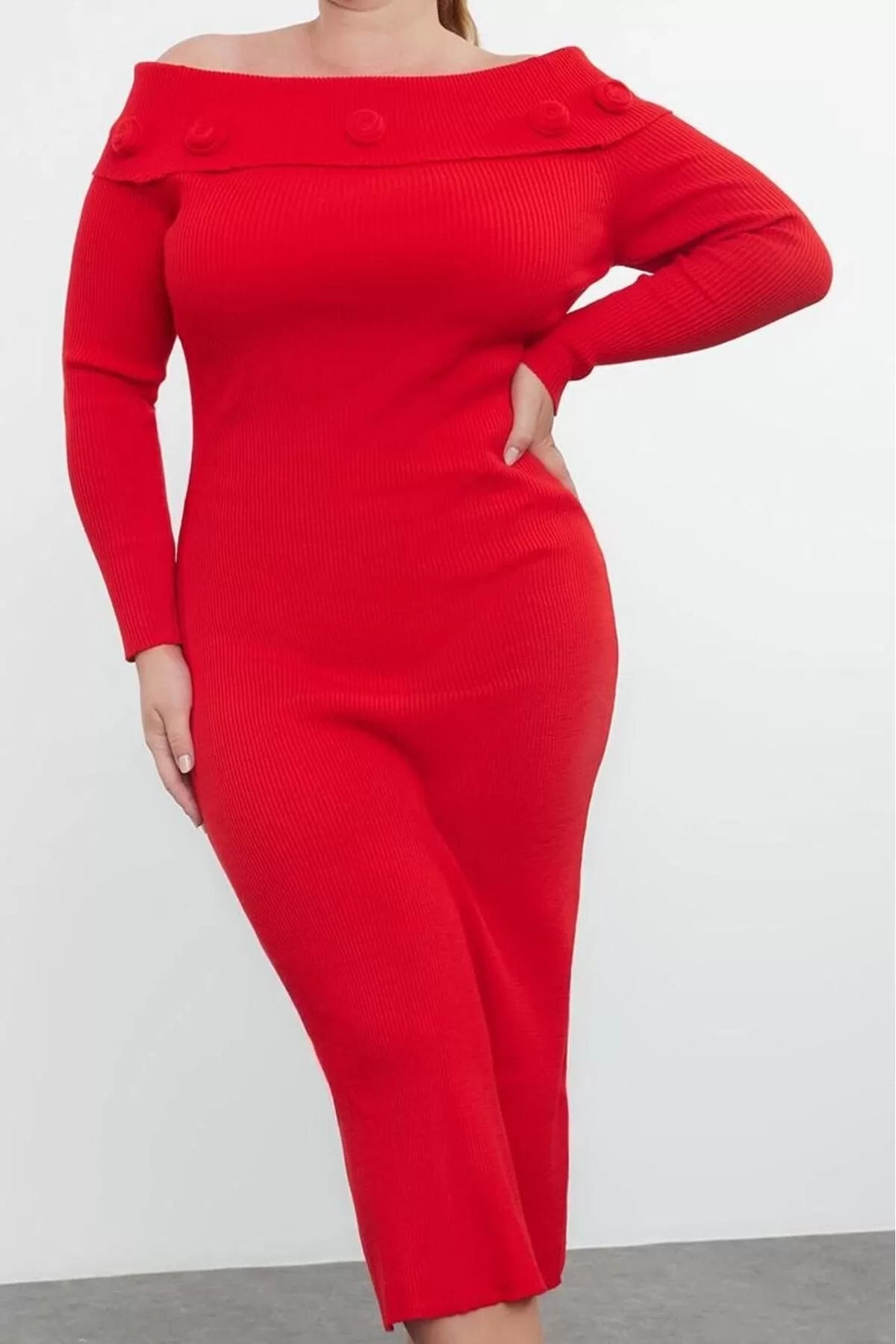 Women Fashion Stylish Plus Size Midi Length Carmen Collar Fitted Corduroy Rose Detailed Knit Dress