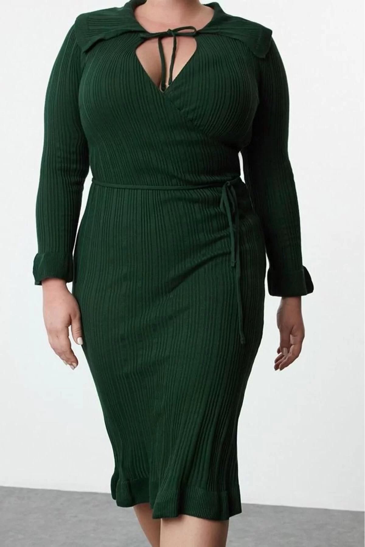 Women Fashion Stylish Plus Size Midi Length Shirt Collar Fitted Corduroy Double Breasted Knit Dress