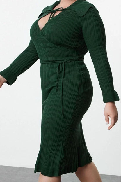 Women Fashion Stylish Plus Size Midi Length Shirt Collar Fitted Corduroy Double Breasted Knit Dress