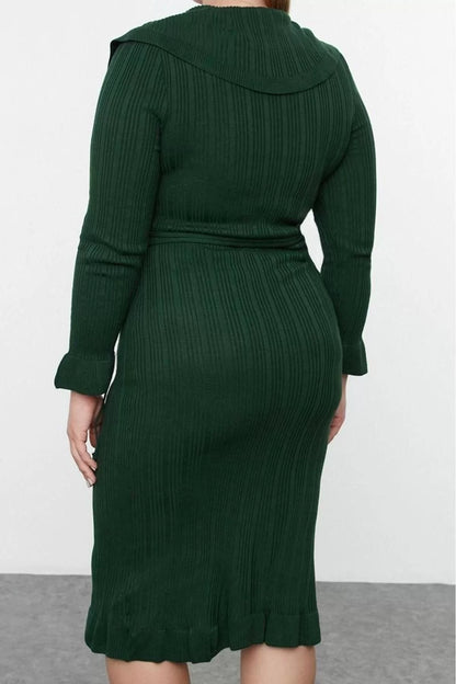 Women Fashion Stylish Plus Size Midi Length Shirt Collar Fitted Corduroy Double Breasted Knit Dress