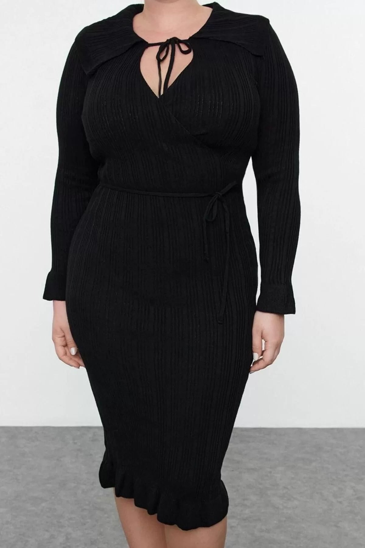 Women Fashion Stylish Plus Size Midi Length Shirt Collar Fitted Corduroy Double Breasted Knit Dress