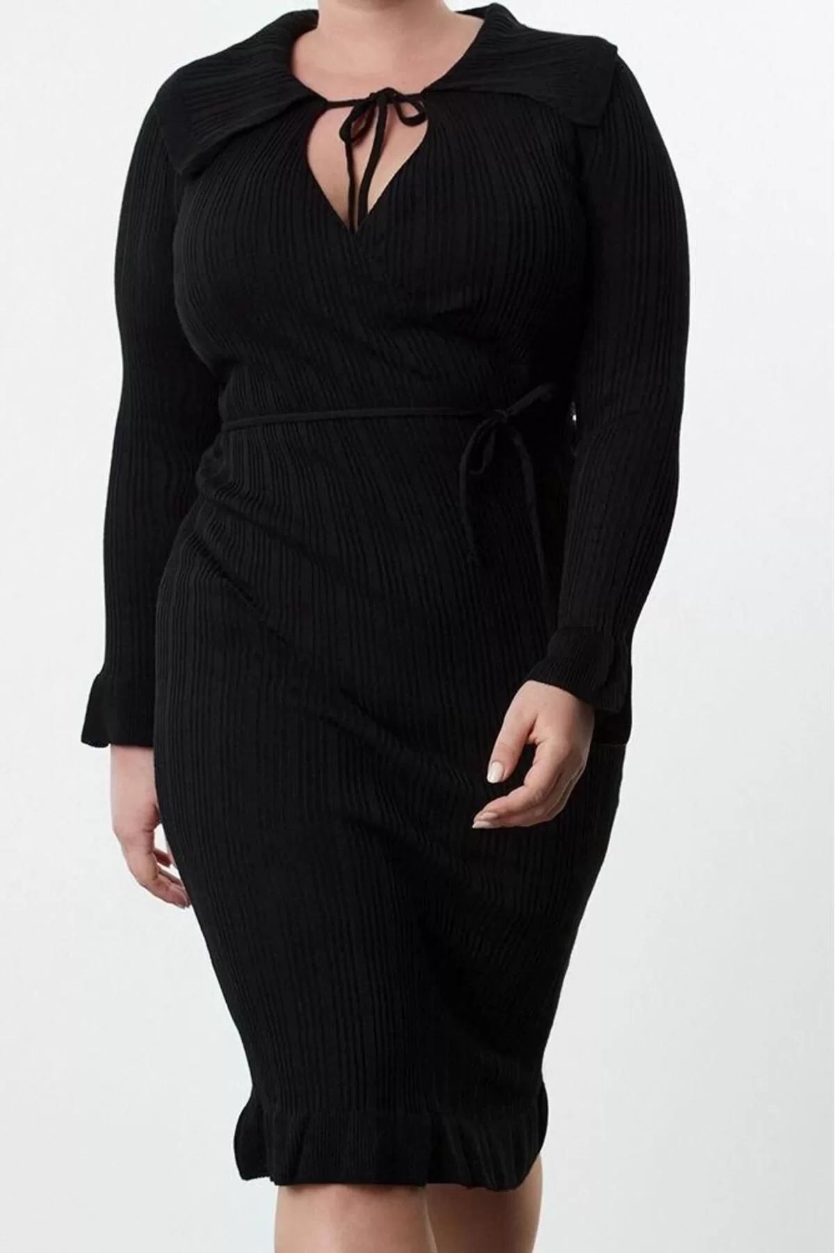 Women Fashion Stylish Plus Size Midi Length Shirt Collar Fitted Corduroy Double Breasted Knit Dress