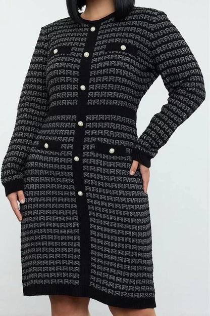 Women Fashion Stylish Plus Size Mini Length Crew Neck Fitted Patterned Buttoned Knit Dress