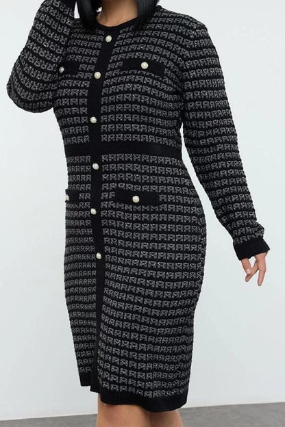 Women Fashion Stylish Plus Size Mini Length Crew Neck Fitted Patterned Buttoned Knit Dress