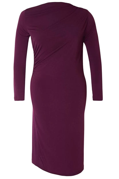 Women Fashion Stylish Plus Size Midi Length Stand Collar Fitted Gather Detail Knitted Plus Size Dress