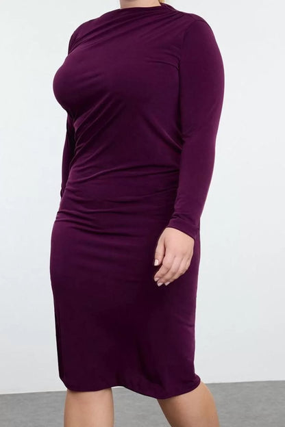 Women Fashion Stylish Plus Size Midi Length Stand Collar Fitted Gather Detail Knitted Plus Size Dress