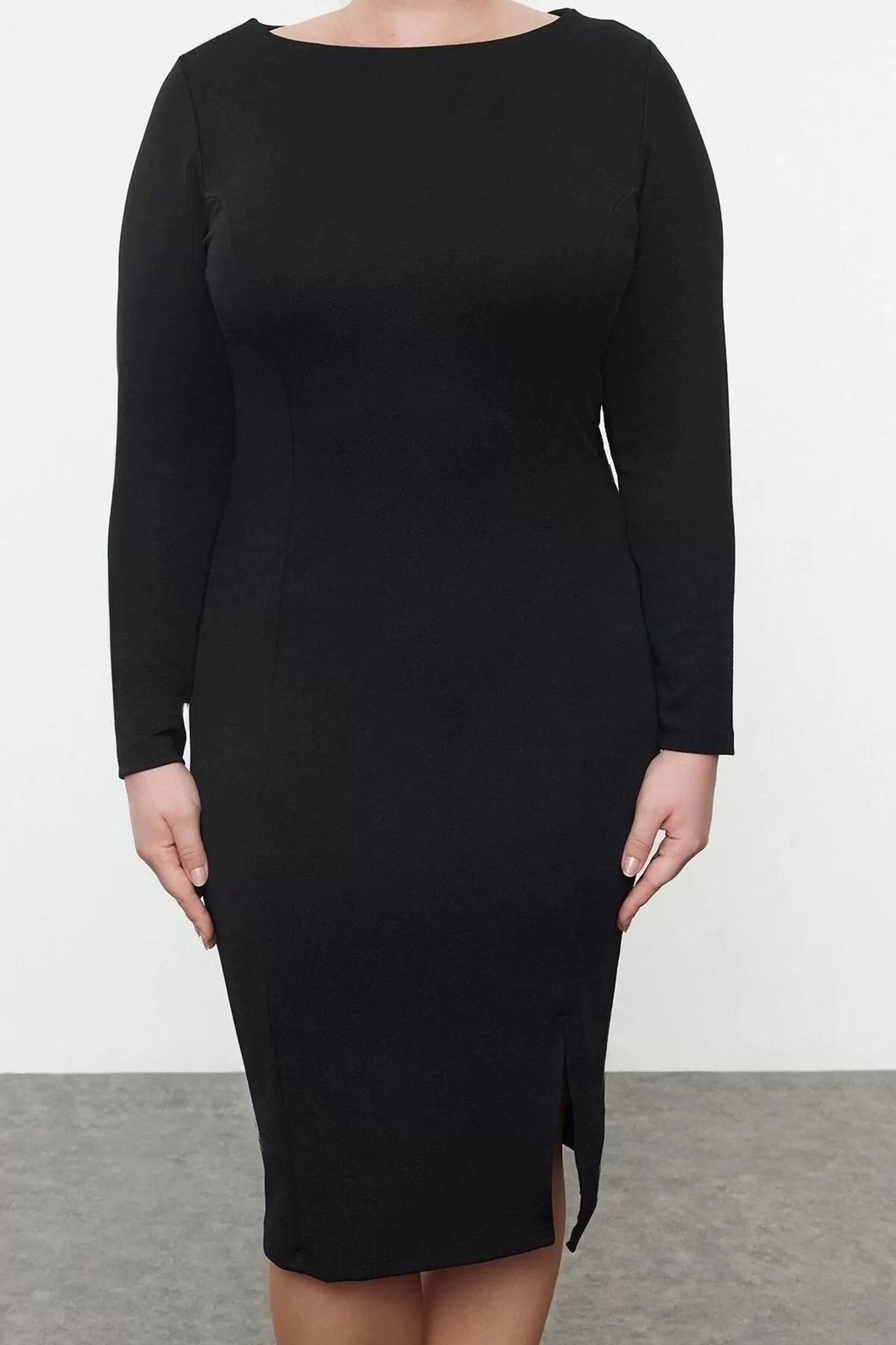 Women Fashion Stylish Plus Size Regular Length Boat Neck Fitted Crepe Knit Plus Size Dress