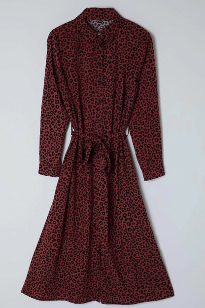 Women's Plus Size Midi Length Leopard Animal Patterned Woven Buttoned Belted Plus Size Shirt Dress