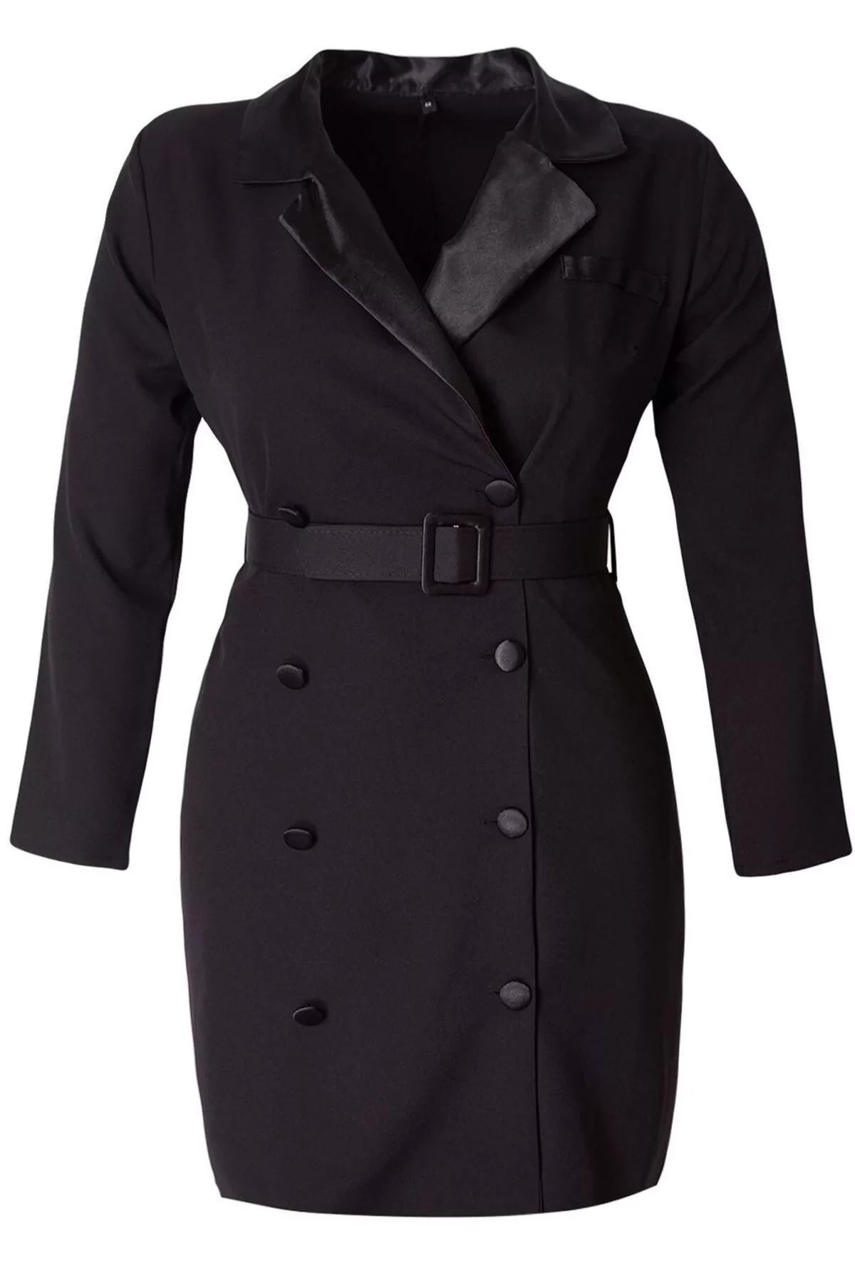 Women's Plus Size Mini Length Crew Neck Fitted Jacket Collar Buttoned Belted Woven Plus Size Dress