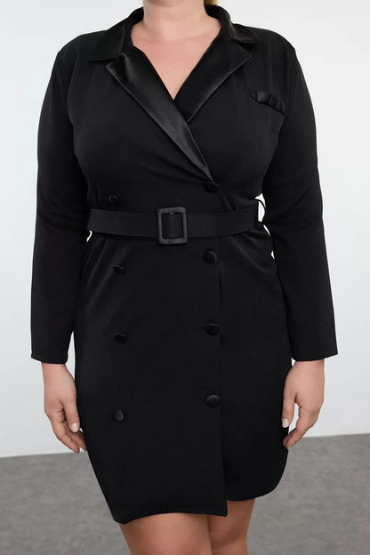 Women's Plus Size Mini Length Crew Neck Fitted Jacket Collar Buttoned Belted Woven Plus Size Dress