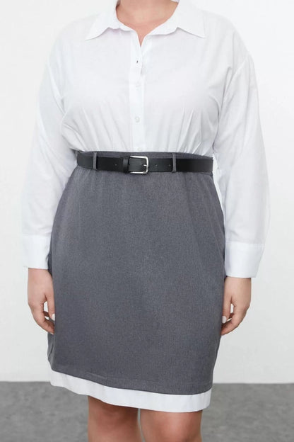 Women Fashion Stylish Plus Size Mini Length Shirt Collar Fitted Belted Shirt-Skirt Plus Size Woven Dress