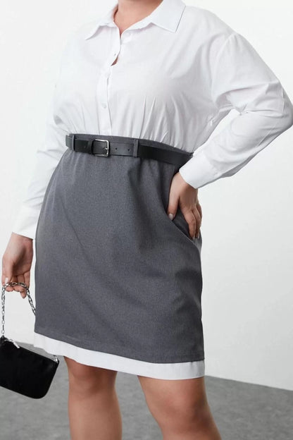 Women Fashion Stylish Plus Size Mini Length Shirt Collar Fitted Belted Shirt-Skirt Plus Size Woven Dress