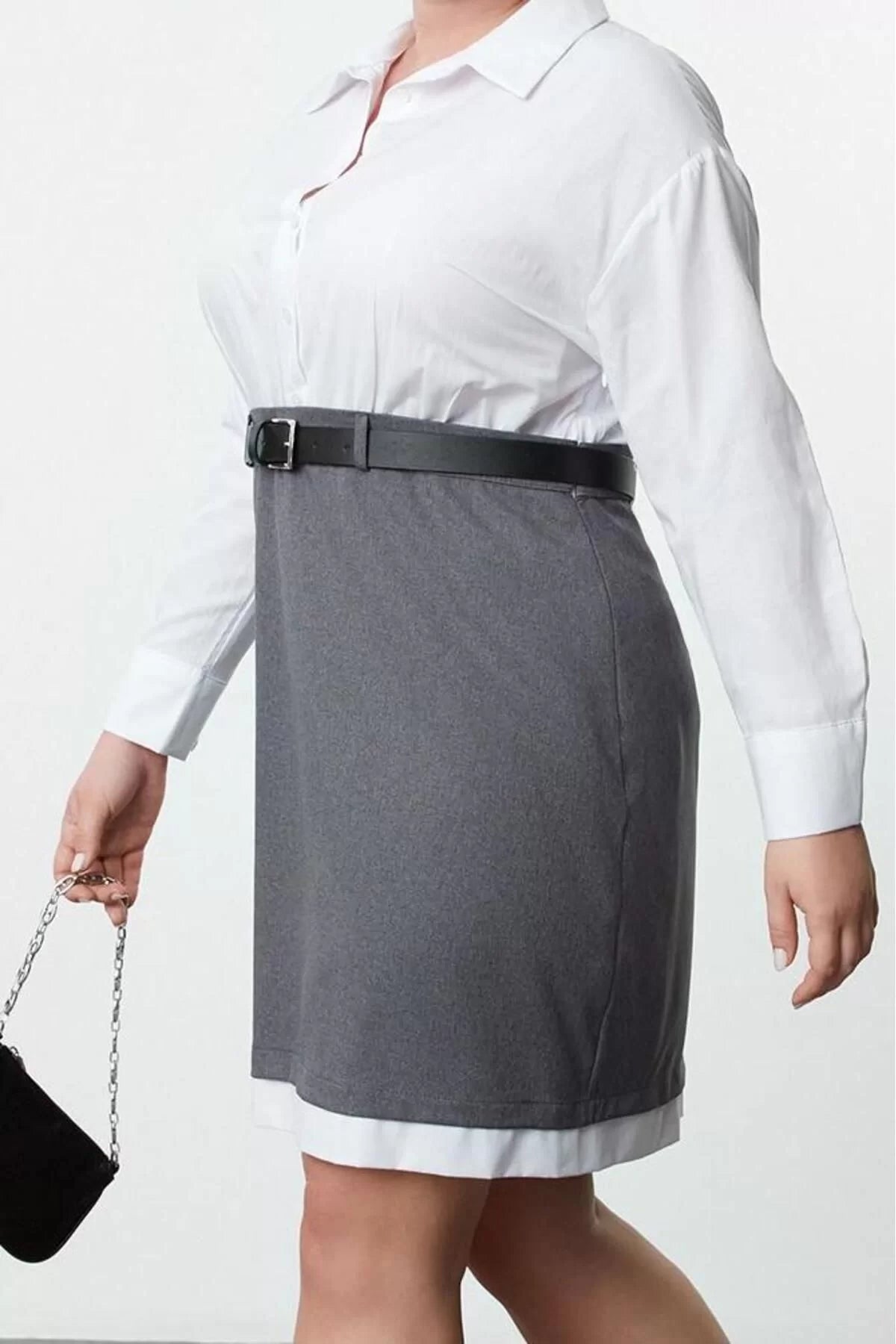 Women Fashion Stylish Plus Size Mini Length Shirt Collar Fitted Belted Shirt-Skirt Plus Size Woven Dress