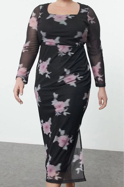 Women Fashion Plus Size Maxi Square Neck Fitted Tulle Floral Stretchy Knitted Pencil Dress