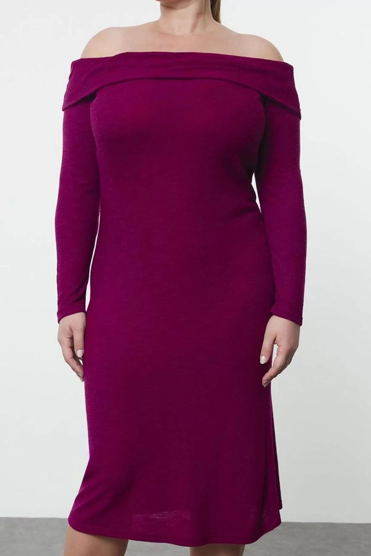 Women Fashion Stylish Plus Size Midi Length Carmen Collar Slim Foam Knit Plus Size Dress