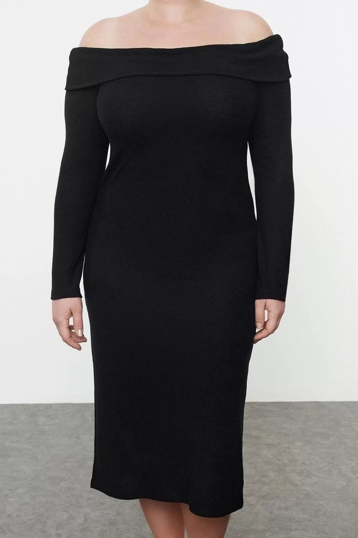 Women Fashion Stylish Plus Size Midi Length Carmen Collar Slim Foam Knit Plus Size Dress