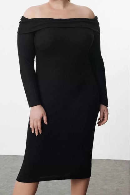 Women Fashion Stylish Plus Size Midi Length Carmen Collar Slim Foam Knit Plus Size Dress