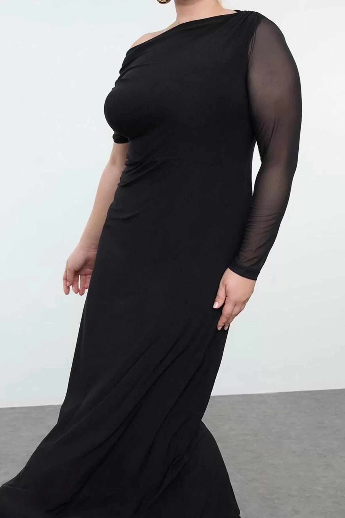 Women Fashion Stylish Plus Size Maxi Length Asymmetrical Collar Slim Sandy Knitted Plus Size Dress