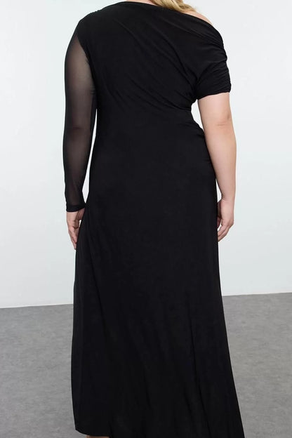 Women Fashion Stylish Plus Size Maxi Length Asymmetrical Collar Slim Sandy Knitted Plus Size Dress