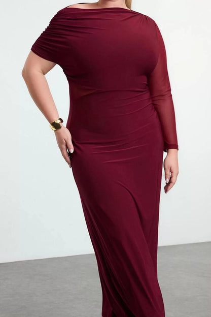 Women Fashion Stylish Plus Size Maxi Length Asymmetrical Collar Slim Sandy Knitted Plus Size Dress