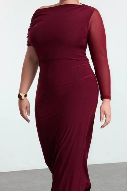 Women Fashion Stylish Plus Size Maxi Length Asymmetrical Collar Slim Sandy Knitted Plus Size Dress