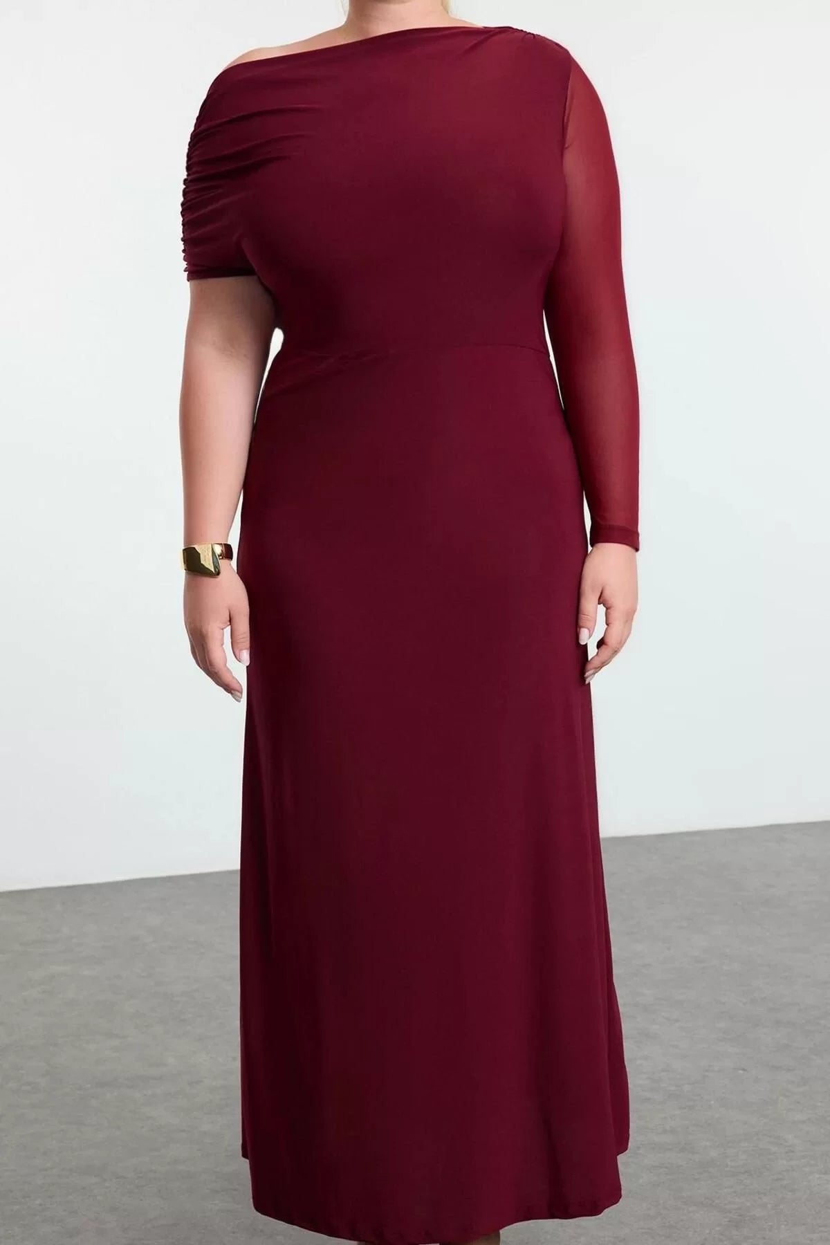 Women Fashion Stylish Plus Size Maxi Length Asymmetrical Collar Slim Sandy Knitted Plus Size Dress