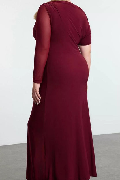 Women Fashion Stylish Plus Size Maxi Length Asymmetrical Collar Slim Sandy Knitted Plus Size Dress