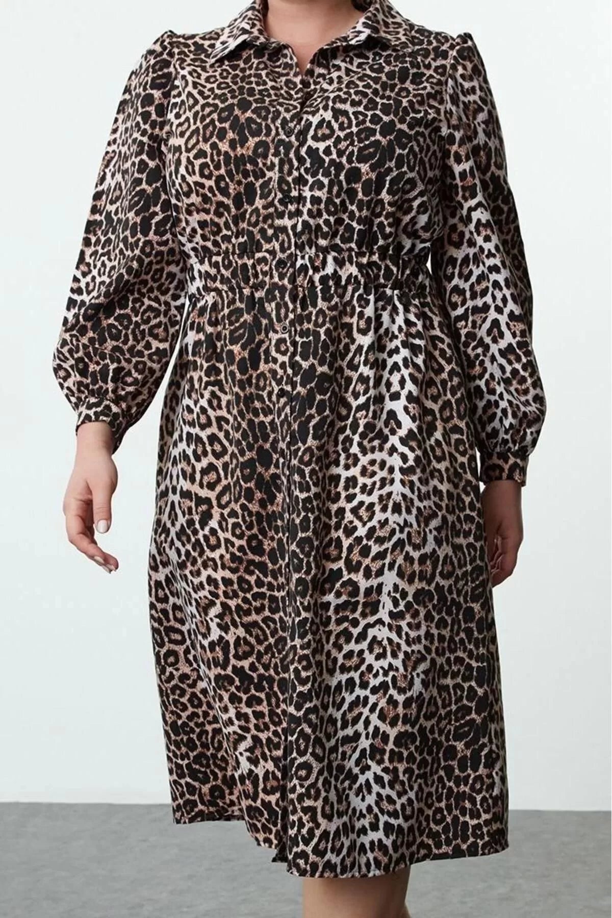 Women's Plus Size Midi Length Relaxed Leopard Patterned Elastic Waist Gabardine Woven Plus Size Dress