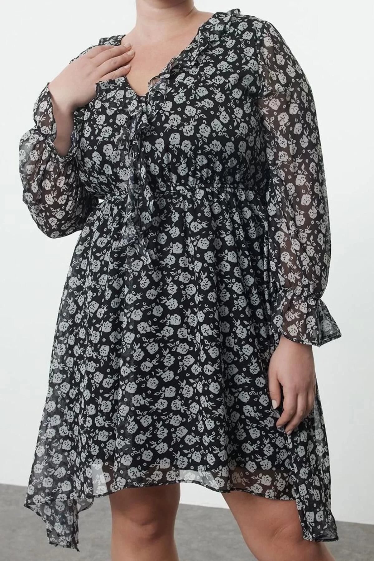 Women Fashion Stylish Plus Size Midi Length Double Breasted Relaxed Chiffon Woven Plus Size Dress